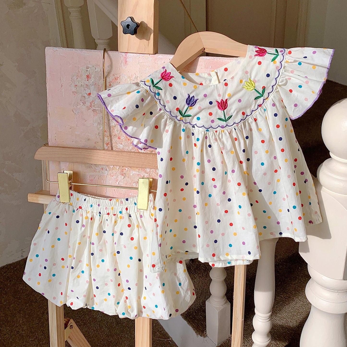Summer Baby Kids Girls Floral Embroidery Colorful Dots Fly Sleeves T-Shirt And Shorts Clothing Set