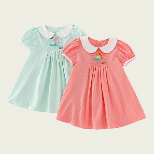 New Arrival Summer Baby Kids Girls Short Sleeves Mermaid Embroidery Dress