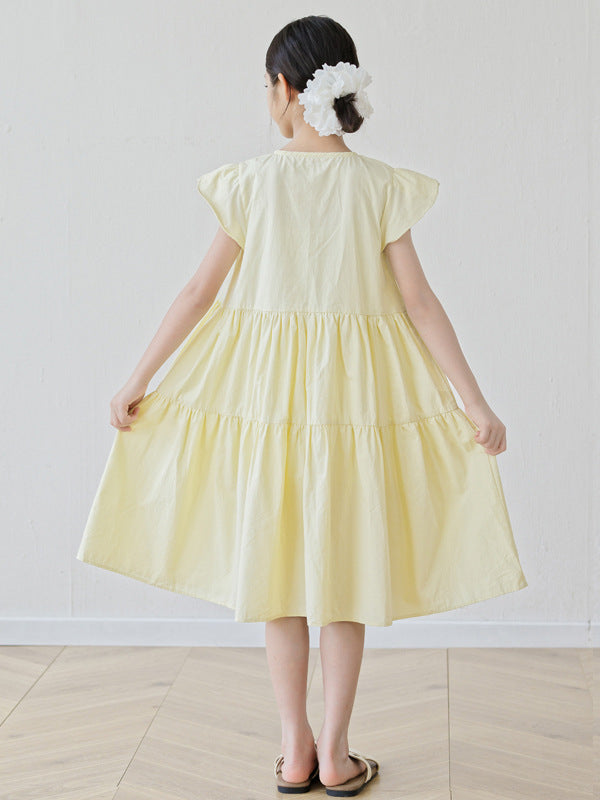 Summer Arrival Short Sleeves Patchwork Design Plain Dress for Stylish Girls