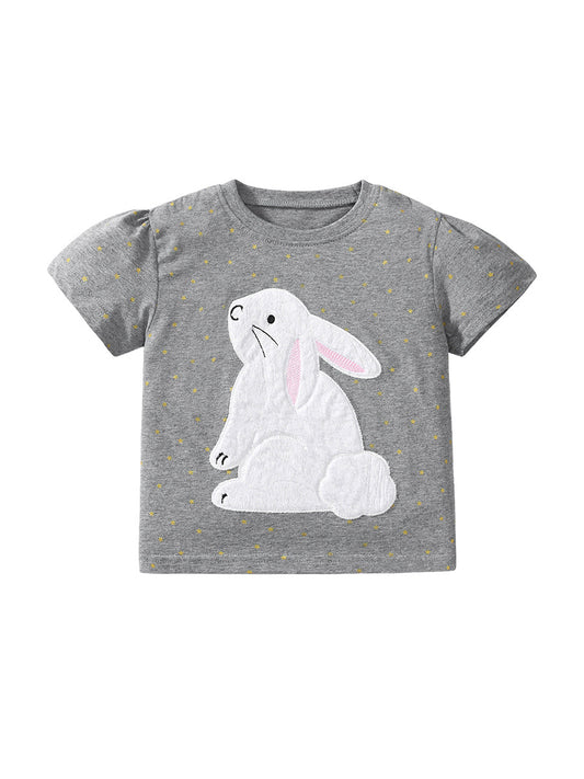 Girls’ Rabbit Pattern Yellow Dots T-Shirt In European And American Style For Summer