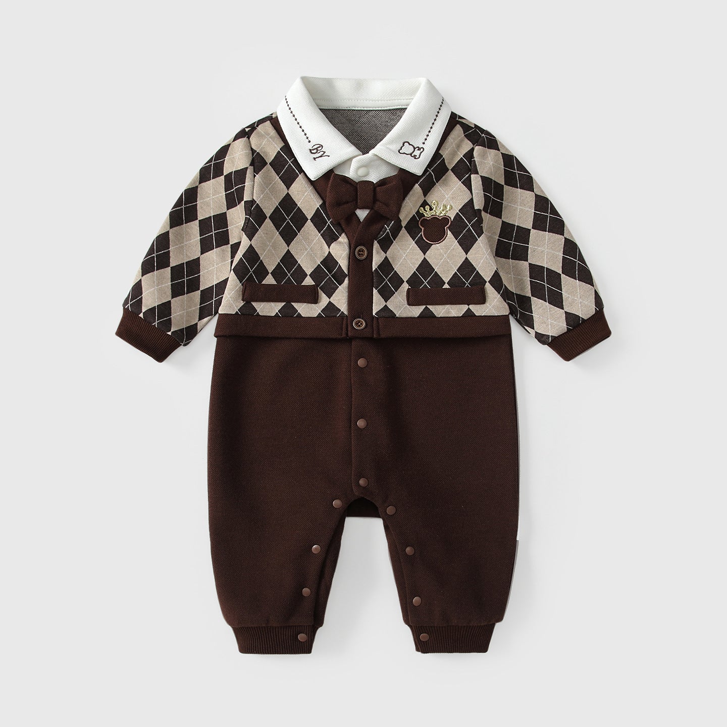 Autumn Hot Selling Baby Boys Color Patchwork Plaid Rompers Bodysuits with Collar, MyKids-USA®, Baby One-Pieces, MyKids-USA - Size/Age - 66 (3-6M) - Color - Brown -  -  - TR2509062216-A