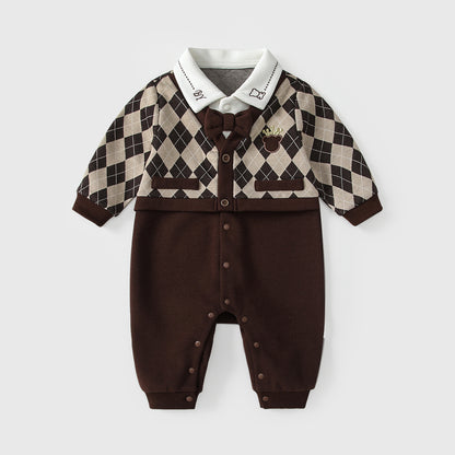 Autumn Hot Selling Baby Boys Color Patchwork Plaid Rompers Bodysuits with Collar, MyKids-USA®, Baby One-Pieces, MyKids-USA - Size/Age - 66 (3-6M) - Color - Brown -  -  - TR2509062216-A