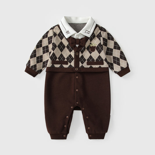 Autumn Hot Selling Baby Boys Color Patchwork Plaid Rompers Bodysuits with Collar, MyKids-USA®, Baby One-Pieces, MyKids-USA - Size/Age - 66 (3-6M) - Color - Brown -  -  - TR2509062216-A