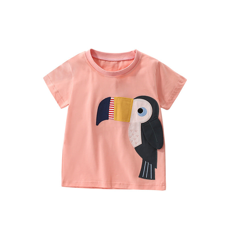 Summer Girls’ Bird Cartoon Pattern Pink T-shirt in European and American Style, MyKids-USA®, Baby & Toddler Tops, MyKids-USA - Size/Age - 110 (3-5Y) - Color - Pink -  -  - TR2506082220-A
