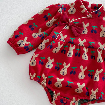 Infant Baby Girls Rabbit&Cherry Around Long Sleeve One Piece, MyKids-USA®, Baby One-Pieces, MyKids-USA -  -  -  -  -  -  - 