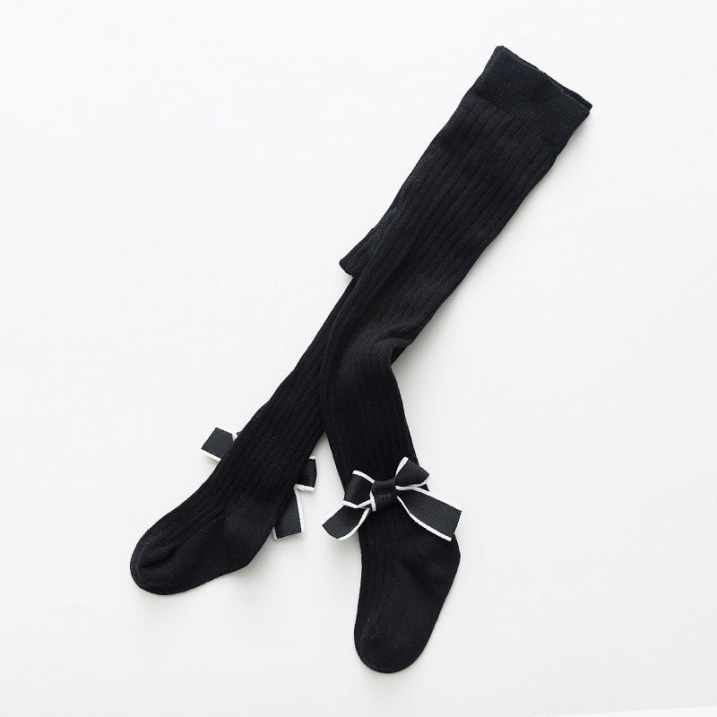 Baby Girls Kids Solid Color Striped Pattern Design Double Bows Pantyhose, MyKids-USA®, Baby & Toddler Socks & Tights, MyKids-USA - Size/Age - S (6-12M) - Color - Black -  -  - TR2311230918-A