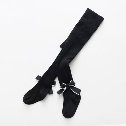 Baby Girls Kids Solid Color Striped Pattern Design Double Bows Pantyhose, MyKids-USA®, Baby & Toddler Socks & Tights, MyKids-USA - Size/Age - S (6-12M) - Color - Black -  -  - TR2311230918-A