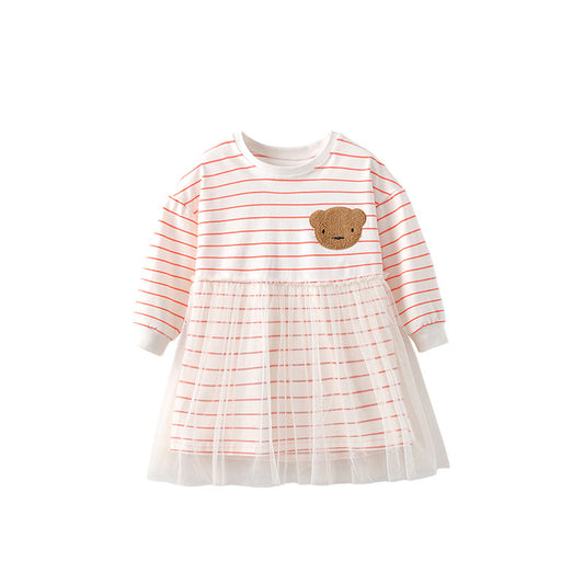 Autumn Arrival Kids Girls Teddy Bear and Striped Pattern Long Sleeves Crew Neck Dress with Tulle, MyKids-USA®, Baby & Toddler Dresses, MyKids-USA - Size/Age - 100 (2-3Y) - Color - Pink -  -  - TR2509232316-A