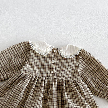 MyKids-USA® Autumn Arrival Baby Girls Long Sleeves Lace Trim Plaid Bodysuit Dress