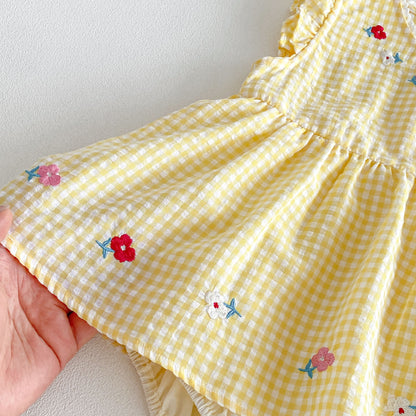 Design Summer Baby Kids Girls Fly Sleeves Plaid and Cartoon Pattern Bodysuit Dress