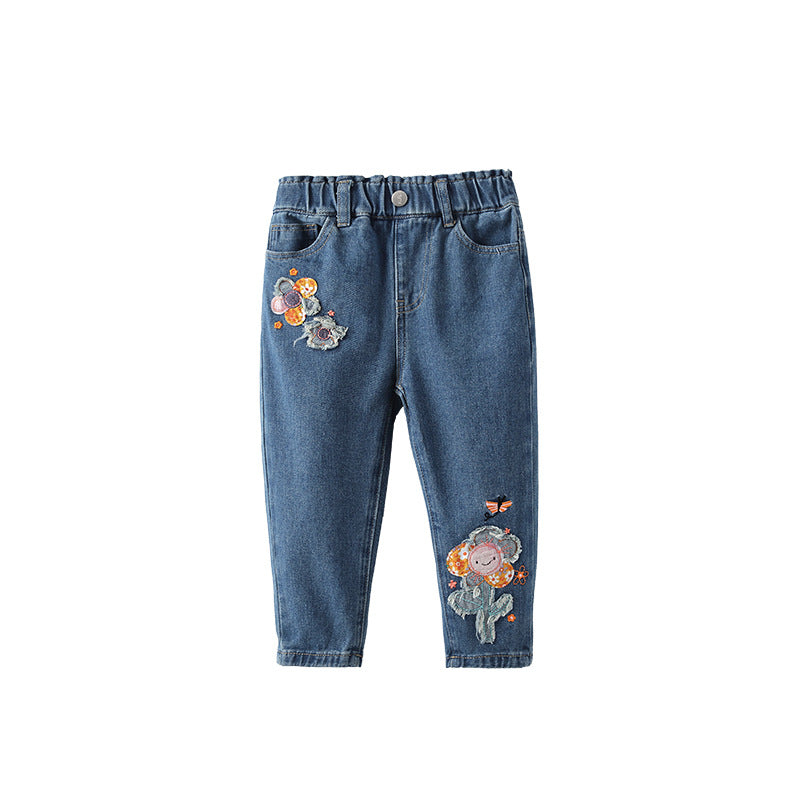 Arrival Autumn Baby Kids Girls Flowers and Cartoon Pattern Denim Pants, MyKids-USA®, Jeans, MyKids-USA - Size/Age - 100 (2-3Y) - Color - Blue -  -  - TR2509222258-A