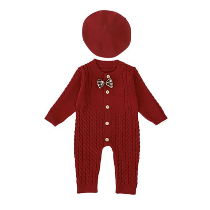 Autumn Arrival Unisex Baby’s Solid Color Geometric Jacquard Pattern Knitted Rompers with Butterfly-bow, MyKids-USA®, Baby One-Pieces, MyKids-USA -  -  -  -  -  -  - 