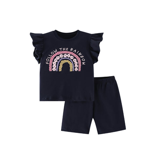 Summer Baby Kids Girls Floral Rainbow Print T-Shirt And Shorts Clothing Set