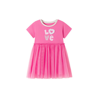 Summer Arrival Letters and Heart Pattern Short Sleeves Tulle Patchwork Dress for Stylish Girls, MyKids-USA®, Baby & Toddler Dresses, MyKids-USA - Size/Age - 90 (12-24M) - Color - Pink -  -  - TR2601281107-A.