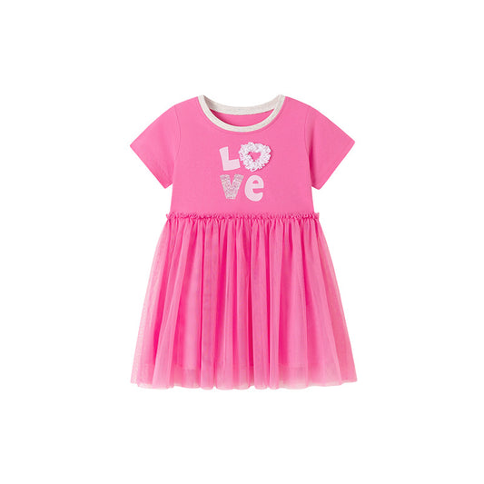 Summer Arrival Letters and Heart Pattern Short Sleeves Tulle Patchwork Dress for Stylish Girls, MyKids-USA®, Baby & Toddler Dresses, MyKids-USA - Size/Age - 90 (12-24M) - Color - Pink -  -  - TR2601281107-A.