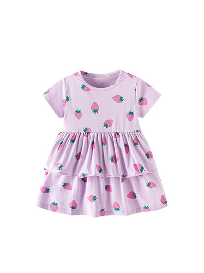 Summer Baby Kids Girls Short Sleeves Cute Strawberry Pattern Dress
