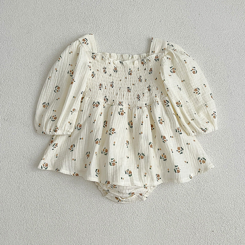 Floral Pattern Lantern Sleeves Princess Style Onesie And Dress, MyKids-USA®, Baby & Toddler Dresses, MyKids-USA - Size/Age - 66 (3-6M) - Color - White -  -  - JM2307192254-B