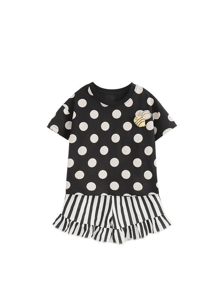 Arrival Summer Baby Kids Girls Short Sleeves Polka Dots Pattern T-shirt and Striped Shorts Clothing Set