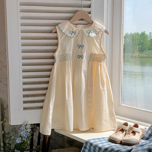 Summer Baby Kids Girls Vintage Sleeveless Bows Pattern Embroidery Collar Dress
