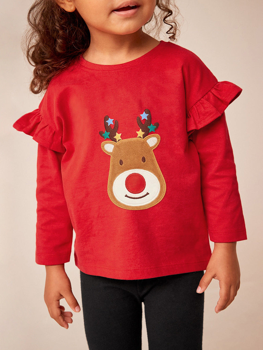 Spring and Autumn Girls Christmas Cartoon Animals Pattern Red Long Sleeves Top Shirt and Solid Color Pants Clothing Set, MyKids-USA®, Baby & Toddler Outfits, MyKids-USA -  -  -  -  -  -  - 