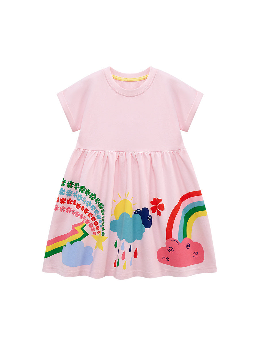Kids Baby Girls Short Sleeves Floral Rainbow Pink Dress
