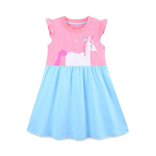 Summer Hot Selling Cute Unicorn Cartoon Pattern Fly Sleeves Color Patchwork Dress for Stylish Girls, MyKids-USA®, Baby & Toddler Dresses, MyKids-USA - Size/Age - 90 (12-24M) - Color - Pink -  -  - TR2506201802-A