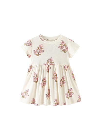 Summer Baby Kids Girls Short Sleeves Flowers Pattern Dress