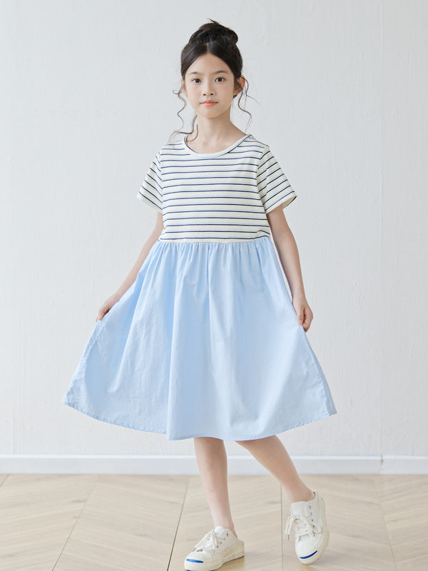 Summer Arrival Short Sleeves Striped Color Patchwork Dress for Stylish Girls