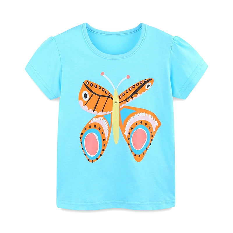 Summer Arrival Girls’ Butterfly Cartoon Pattern Short Sleeves T-shirt in European and American Style, MyKids-USA®, T-Shirts, MyKids-USA - Size/Age - 90 (12-24M) - Color - Blue -  -  - TR2506242227-A