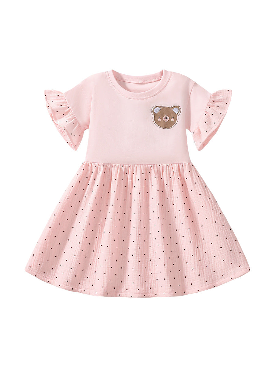 Summer Teddy Logo Short-sleeved Pink Dress with Dots Pattern for Stylish Girls, MyKids-USA®, Baby & Toddler Dresses, MyKids-USA -  -  -  -  -  -  - 