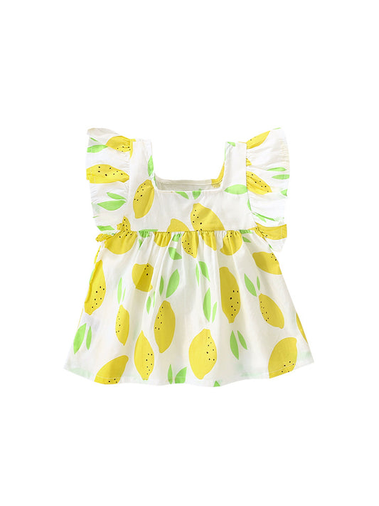 Summer New Arrival Baby Kids Girls Fly Sleeves Lemon Pattern Square Neck Dress