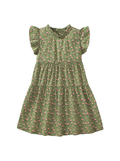 Baby Girls Flowers Print Army Green Sleeveless Dress