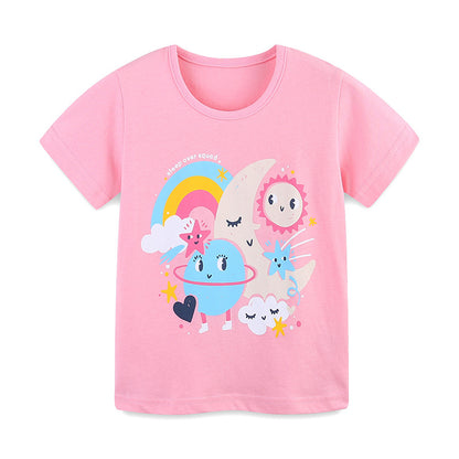 Summer Girls’ Sun and Moon Cartoon Pattern T-shirt in European and American Style, MyKids-USA®, Baby & Toddler Tops, MyKids-USA - Size/Age - 90 (12-24M) - Color - Pink -  -  - TR2505052101-A