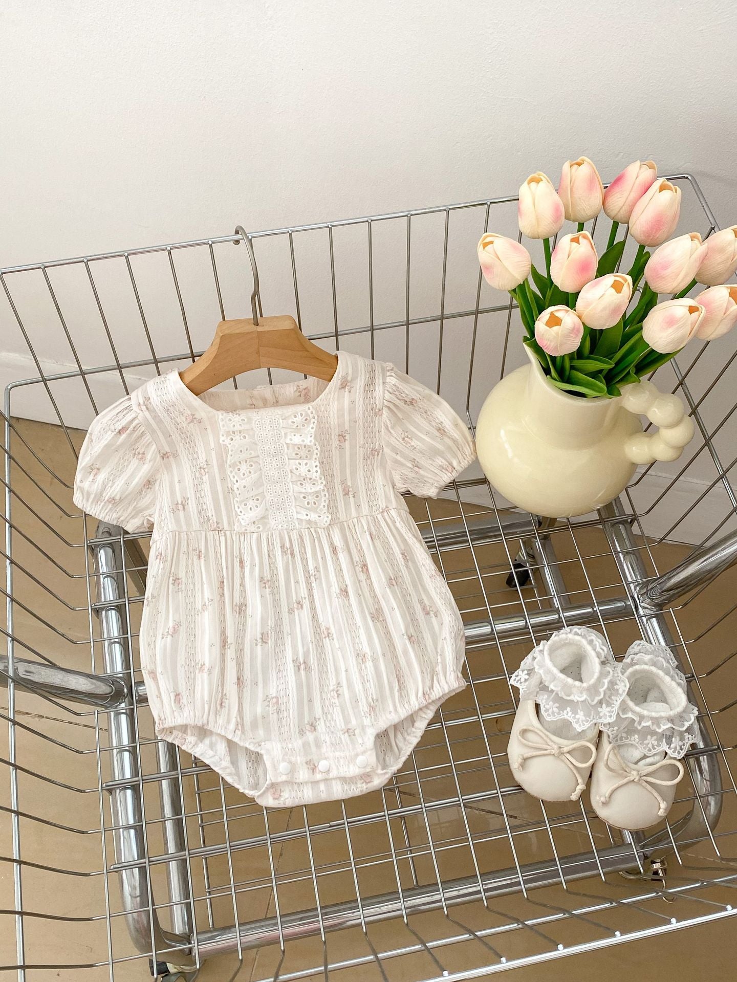 Summer Girls Floral Print Pleat Design Short Sleeves Onesies, MyKids-USA®, Baby One-Pieces, MyKids-USA - Size/Age - 66 (3-6M) - Color - Pink -  -  - TR2403272327-B