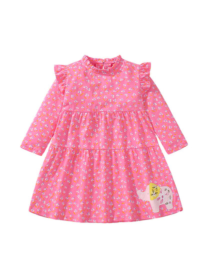 Arrival Autumn Girls Cartoon Elephant And Flowers Pattern Ruffle Neck Long Sleeves Princess Dress, MyKids-USA®, Baby & Toddler Dresses, MyKids-USA - Size/Age - 90 (12-24M) - Color - Red -  -  - TR2407131553-A