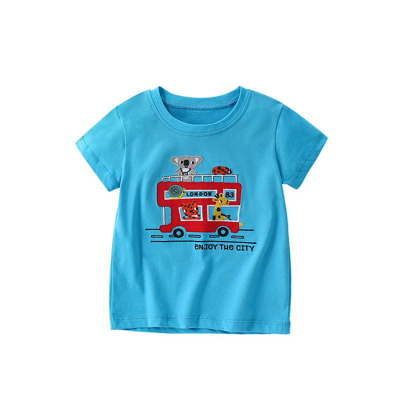 Summer Boys’ English Elements and Animals Cartoon Pattern T-shirt in European and American Style, MyKids-USA®, T-Shirts, MyKids-USA - Size/Age - 110 (3-5Y) - Color - Blue -  -  - TR2506291718-A