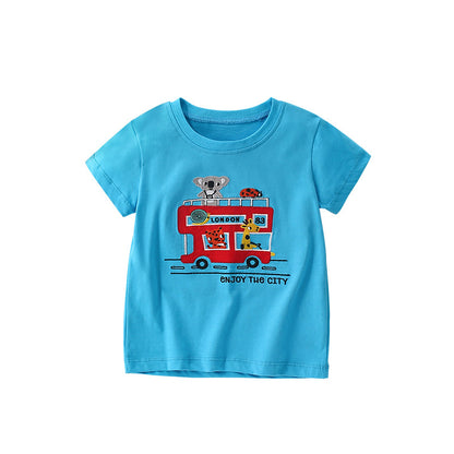 Summer Boys’ English Elements and Animals Cartoon Pattern T-shirt in European and American Style, MyKids-USA®, T-Shirts, MyKids-USA - Size/Age - 110 (3-5Y) - Color - Blue -  -  - TR2506291718-A