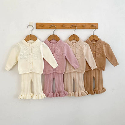 Arrival Autumn Baby Girls Long Sleeves Solid Color Flowers Jacquard Pattern Knitted Top Cardigan and Long Trousers Clothing Set, MyKids-USA®, Baby & Toddler Outfits, MyKids-USA -  -  -  -  -  -  - 