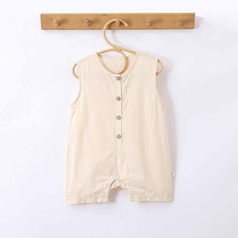 Summer New Arrival Solid Color Crew Neck Button Open Front Sleeveless Rompers