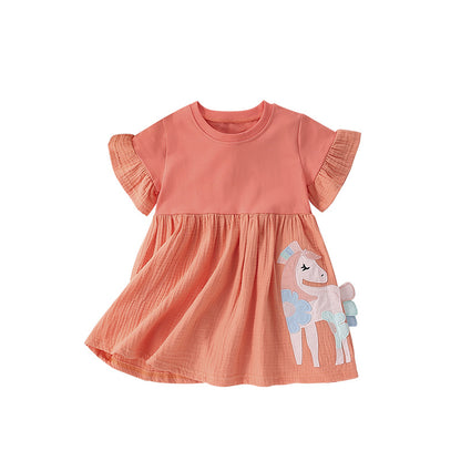 Summer Arrival Cartoon Horse Pattern Short Sleeves Dress for Stylish Girls, MyKids-USA®, Baby & Toddler Dresses, MyKids-USA - Size/Age - 100 (2-3Y) - Color - Pink -  -  - TR2505082107-A