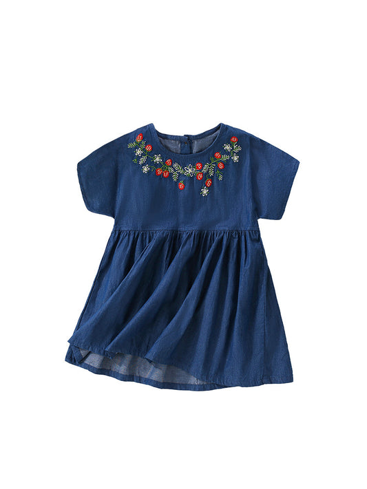 Summer New Arrival Girls’ Flowers Pattern Embroidery Short Sleeves Crew Neck Dress