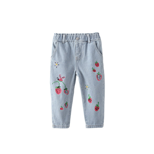 Arrival Autumn Baby Kids Girls Strawberry Pattern Denim Pants, MyKids-USA®, Jeans, MyKids-USA - Size/Age - 100 (2-3Y) - Color - Blue -  -  - TR2509222303-A