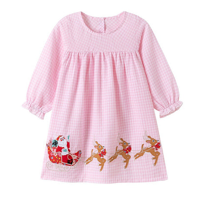 Autumn Arrival Cartoon Animals Christmas Pattern Long Sleeves Crew Neck Dress for Stylish Girls, MyKids-USA®, Baby & Toddler Dresses, MyKids-USA - Size/Age - 90 (12-24M) - Color - Pink -  -  - TR2507102059-A