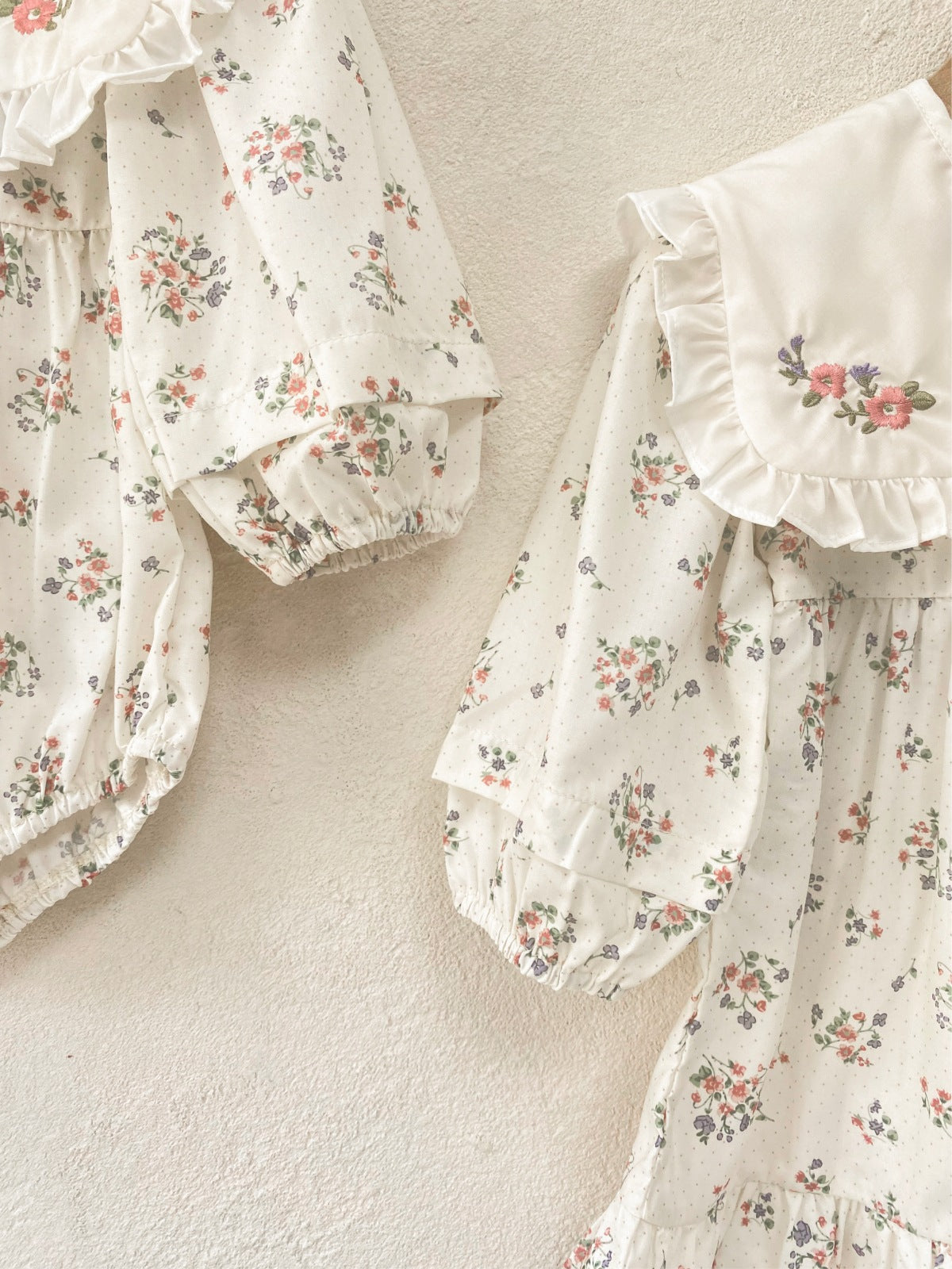 MyKids-USA® Autumn Baby Girls Floral Long-sleeved Onesies and Dress with Lace Capelet Shawl – Princess Sister Matching Set