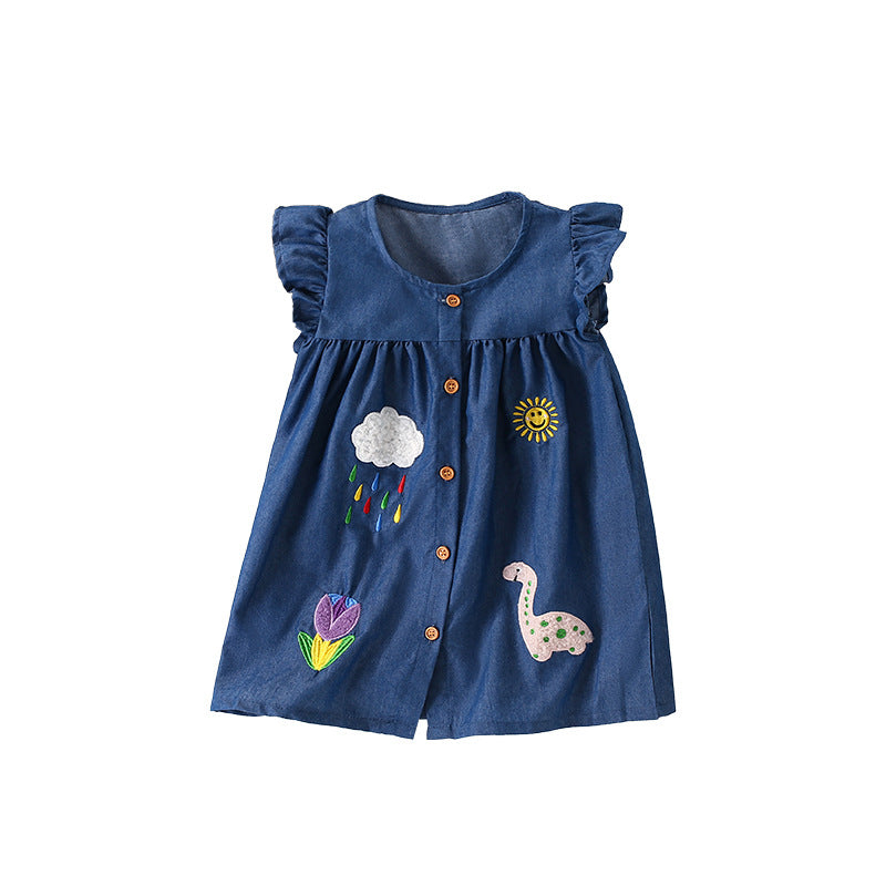 Summer Arrival Embroidered Pattern Fly Sleeves Single Breasted Dress for Stylish Girls, MyKids-USA®, Baby & Toddler Dresses, MyKids-USA - Size/Age - 100 (2-3Y) - Color - Blue -  -  - TR2506172016-A