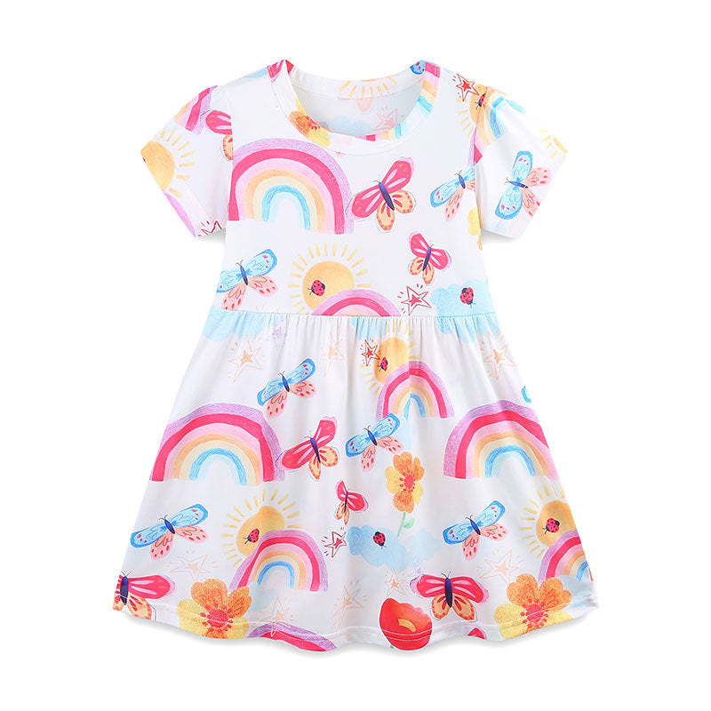 Summer Polyester Butterfly and Rainbow Pattern Short Sleeves Dress for Stylish Girls, MyKids-USA®, Baby & Toddler Dresses, MyKids-USA - Size/Age - 90 (12-24M) - Color - Pink -  -  - TR2505152323-A