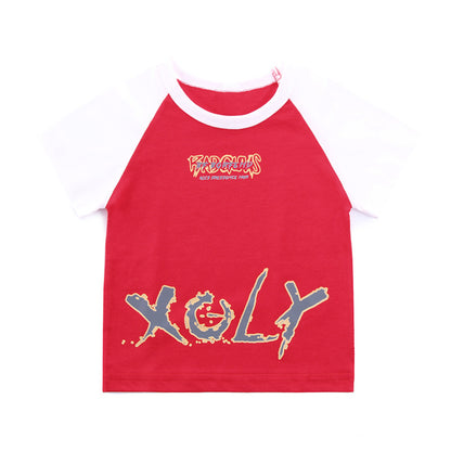 Kids’ Letters Print Color Patchwork T-Shirt In European And American Style