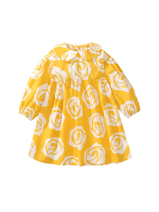 Design Autumn Girls Flowers Pattern Peter Pan Collar Long Sleeves Dress, MyKids-USA®, Baby & Toddler Dresses, MyKids-USA - Size/Age - 90 (12-24M) - Color - Yellow -  -  - TR2407082306-A