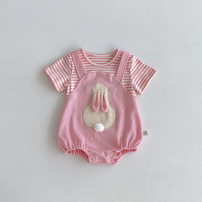 Summer New Design Baby Girls Cheap Striped Rabbits Pattern Short Sleeves Onesies