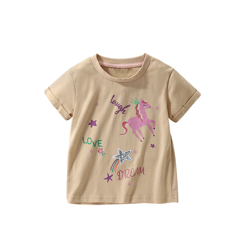 Summer Kids’ Cartoon Horse and Letters Pattern T-shirt in European and American Style, MyKids-USA®, Baby & Toddler Tops, MyKids-USA - Size/Age - 100 (2-3Y) - Color - Brown -  -  - TR2506082224-A